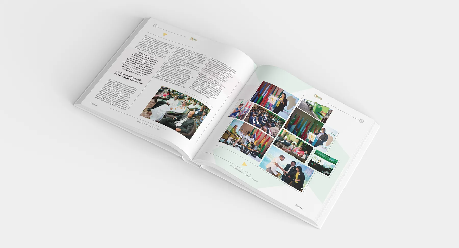 English-language African Union Foundation annual report interior spread with photography and layout system