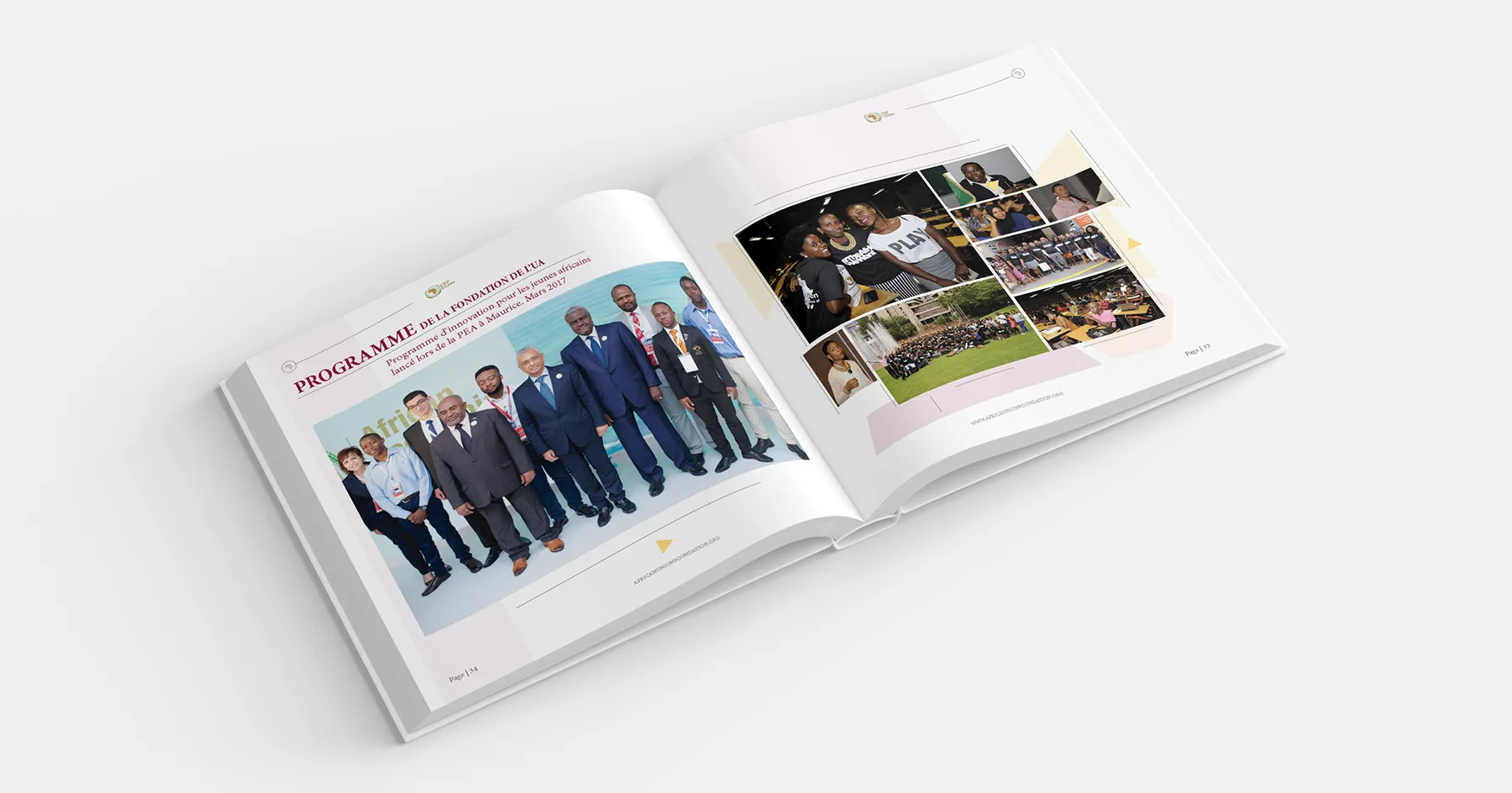 Open English-language African Union Foundation annual report spread showing photography-led editorial pages