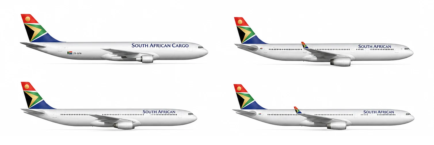 The South African Airways fleet illustrated in 3D - eight aircraft types rendered to one standard