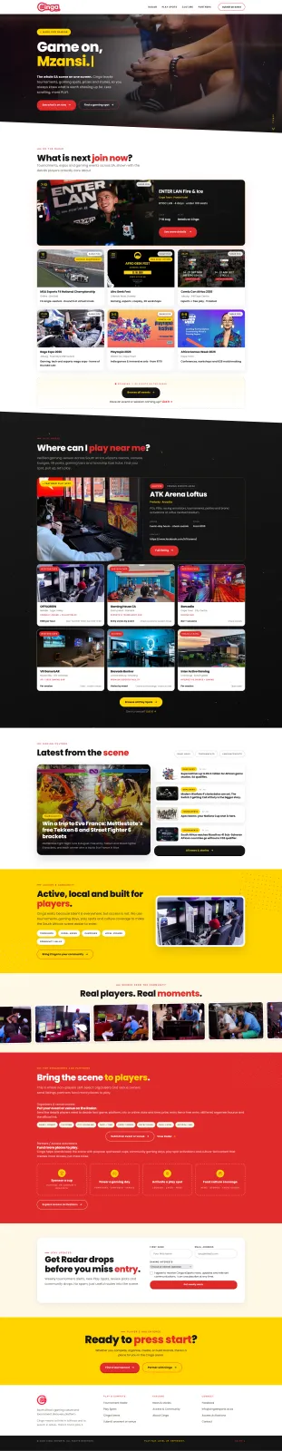 Cinga eSports mobile homepage showing tournaments and gaming stories