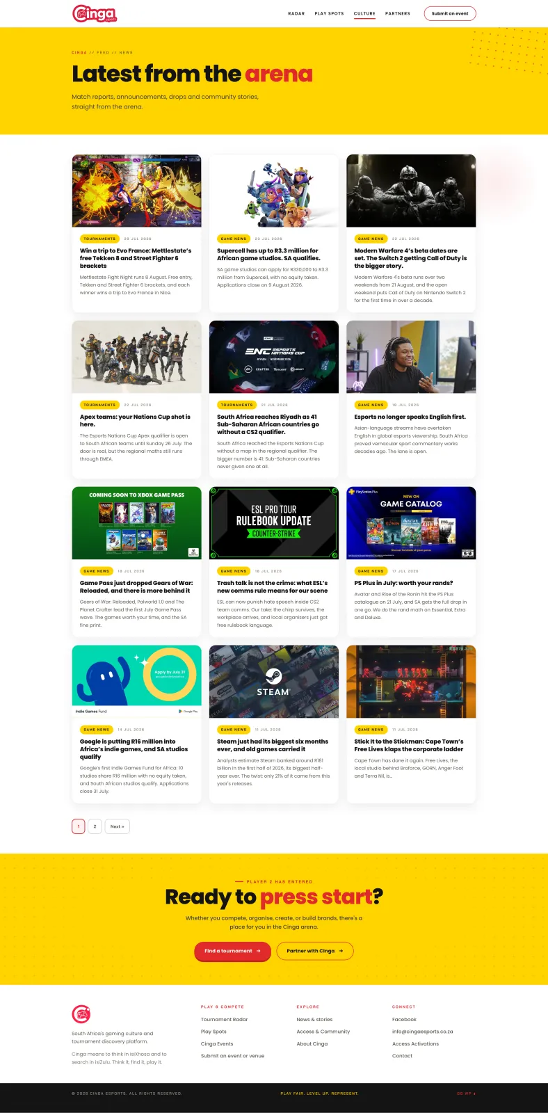 Cinga eSports desktop homepage showing local gaming stories and calls to action