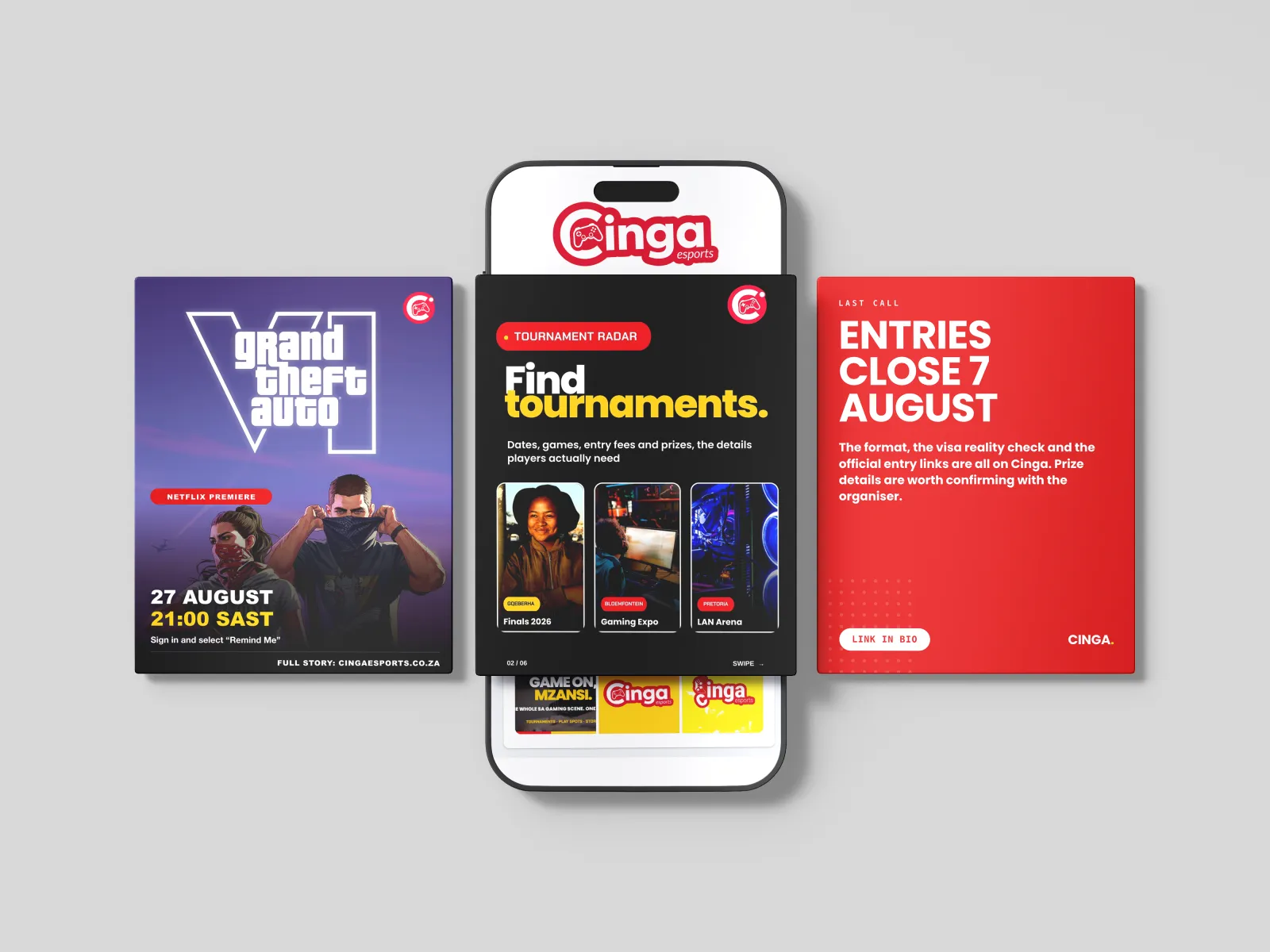 Cinga eSports social campaign artwork presented across a phone and promotional cards