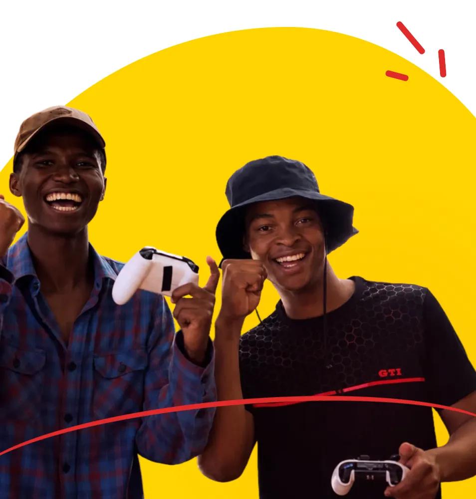 Two South African gamers holding controllers against a yellow background