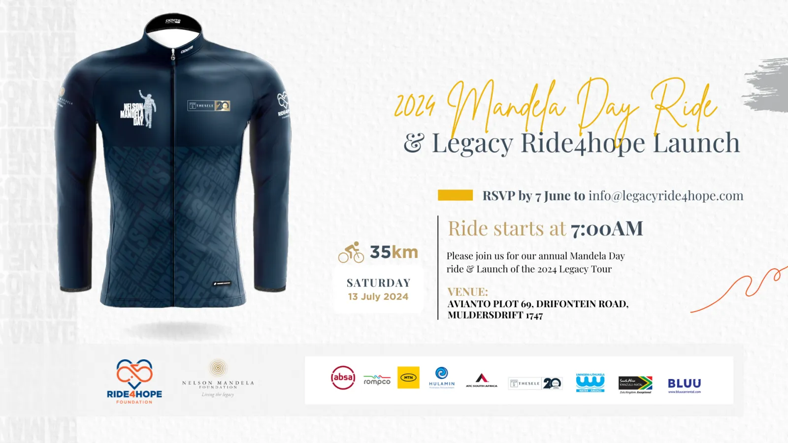 Mandela Day Ride and Legacy Ride4Hope launch event artwork featuring the cycling jersey